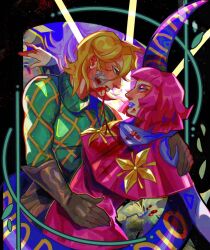 1boy 1girl argyle_clothes argyle_sweater arizuume blonde_hair blood blood_on_clothes blood_on_face blue_sleeves brown_gloves capelet diego_brando dress from_side gloves green_eyes green_sweater hand_around_neck hand_on_another&#039;s_hip hetero hot_pants_(sbr) jojo_no_kimyou_na_bouken looking_at_another patch pink_capelet pink_dress pink_eyes pink_hair purple_lips scary_monsters_(stand) stand_(jojo) steel_ball_run sweater turtleneck turtleneck_sweater