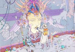 1boy 1girl backpack bag barefoot blonde_hair book broken_wall broken_wires cane clutter coat colorful disembodied_head fairy floating from_behind hand_up hat highres holding holding_cane long_hair mini_person minigirl moebius nude original pastel_colors robot shoes surreal wings wire