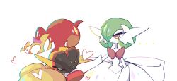 ... 2girls absurdres armarouge armor bob_cut closed_eyes dress fire gardevoir gen_3_pokemon green_hair hair_over_one_eye hand_grab heart highres loafybutter mega_gardevoir mega_pokemon multiple_girls nintendo pink_eyes pokemon pokemon_(creature) simple_background white_background white_dress yellow_armor