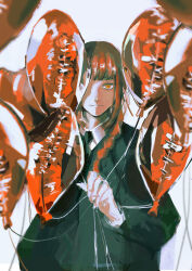Rule 34 | 1girl, balloon, black coat, blunt bangs, braid, braided ponytail, chainsaw man, closed mouth, coat, collared shirt, commentary, demon girl, expressionless, formal clothes, highres, holding, holding balloon, long hair, long sidelocks, long sleeves, looking at viewer, makima (chainsaw man), red hair, ringed eyes, shirt, sidelocks, simple background, single braid, solo, u~o sushi (12345678q10 ), white background, white shirt
