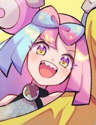 1girl blue_hair bow-shaped_hair breasts character_hair_ornament fake_hair_bun gen_1_pokemon hair_ornament halter_shirt halterneck hexagon_print iono_(pokemon) jacket long_hair magnemite medium_breasts multicolored_hair nintendo open_mouth oversized_clothes pink_hair pokemon pokemon_sv sharp_teeth smile solo split-color_hair teeth two-tone_hair upper_body very_long_sleeves x yellow_jacket zeroki_(izuno)