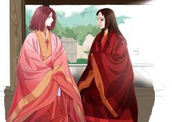 2girls brown_hair eye_contact green_eyes highres japanese_clothes karasu_wa_aruji_wo_erabanai kikuno_(yatagarasu_series) kimono lipstick long_hair looking_at_another makeup masuho_no_susuki medium_hair multiple_girls nori_(norimakigumo) pink_kimono red_eyes red_kimono sitting wide_sleeves