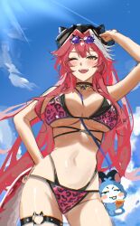 Rule 34 | 1girl, absurdres, arm up, bikini, black bikini, black hat, blue sky, blush, breasts, cat o-ring, chattino (raora panthera), choripan, cloud, cloudy sky, commentary, day, eyeshadow, eyewear on head, fang, hair intakes, hashtag-only commentary, hat, highres, hololive, hololive english, large breasts, leopard print bikini, long hair, makeup, multicolored hair, navel, o-ring, o-ring thigh strap, one eye closed, open mouth, panther girl, panther tail, pink bikini, pink eyeshadow, pink hair, purple-tinted eyewear, raora panthera, sky, smile, stomach, streaked hair, swimsuit, tail, teeth, thigh strap, thighs, tinted eyewear, upper teeth only, virtual youtuber, yellow eyes