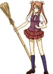 00s bamboo_broom blue_eyes broom mahou_sensei_negima! masakichi_(crossroad) orange_hair plaid_clothes plaid_skirt pleated_skirt red_hair sakura_mei school_uniform serafuku skirt solo twintails