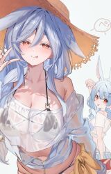 2girls :p bikini bikini_under_clothes black_bikini breasts cleavage collarbone commentary_request grey_hair highres hololive jacket large_breasts long_hair looking_at_viewer mother_and_daughter multiple_girls navel o-ring o-ring_bikini off-shoulder_shirt off_shoulder orange_eyes partially_unzipped pekomama rabbit_girl shirt shuri_(84k) simple_background solo_focus swimsuit tongue tongue_out usada_pekora v white_background white_jacket