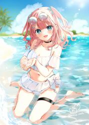 1girl :d bare_shoulders barefoot beach bikini black_choker blue_eyes blue_sky breasts brown-framed_eyewear choker cleavage cloud collarbone commentary_request day eyewear_on_head frilled_bikini frills full_body hair_ornament hairclip head_tilt highres long_hair looking_at_viewer medium_breasts navel open_mouth original outdoors palm_tree pink_hair rino_cnc round_eyewear sand shallow_water sitting sky smile solo swimsuit tree twitter_username two_side_up wariza water white_bikini