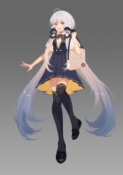 1girl 280548709 absurdres ahoge bag black_dress black_shoes black_skirt black_thighhighs bow bowtie breasts collared_shirt dress floating gradient_background gradient_hair grey_background hand_up hexagram highres loafers long_hair looking_at_viewer multicolored_hair open_mouth pleated_skirt school_bag school_uniform shirt shoes short_sleeves sidelocks skirt small_breasts solo star_(symbol) star_of_david striped_bow striped_bowtie striped_clothes thighhighs twintails two-tone_skirt vocaloid vsinger_(vocaloid) white_shirt xingchen yellow_eyes yellow_skirt