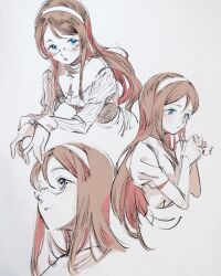 Rule 34 | 1girl, blue eyes, blush, brown hair, commentary request, cropped torso, furusawa yoriko, glasses, hairband, hands up, highres, holding, holding removed eyewear, idolmaster, idolmaster cinderella girls, imay3927, long hair, long sleeves, looking at viewer, mole, mole under mouth, multiple views, open mouth, own hands together, ribbed sweater, short sleeves, simple background, sweater, unworn eyewear, white background, white hairband