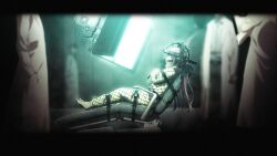 1girl 3boys ball_gag barefoot blurry blurry_background bound bound_arms bound_legs chaos;child constricted_pupils crossed_arms doctor feet from_behind gag gagged game_cg glass glowing highres jacket lab_coat leather_strap long_hair minamisawa_senri monitor multiple_boys official_art padded_jacket pain pink_hair reflection restrained sasaki_mutsumi screen screen_light sitting straitjacket toes torture wide-eyed