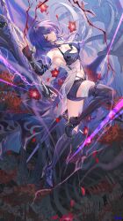 acheron_(honkai:_star_rail) armor atdan bad_tag bandage_(bandages) bare_shoulders bent_knee_(knees) boots breasts chain electricity female flower_(flowers) full_body gauntlets hair_over_one_eye highres honkai:_star_rail honkai_(series) knee_boots large_breasts light_erotic long_hair long_image looking_at_viewer midriff parted_lips purple_eyes purple_hair single tall_image thigh_boots