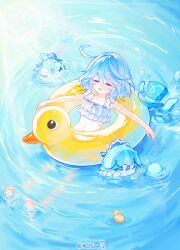 1girl absurdres bird blue_hair blue_ribbon blush chinese_commentary closed_eyes collarbone commentary_request double-parted_bangs duck frills furina_(genshin_impact) genshin_impact gentilhomme_usher hair_between_eyes hat highres holding holding_swim_ring innertube linea_alba mademoiselle_crabaletta mibai_yume open_mouth outstretched_arms partially_submerged ribbon solo spread_arms surintendante_chevalmarin sweat swim_ring top_hat unworn_headwear