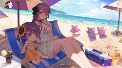 2girls abroccoli absurdres beach beach_umbrella black_choker blue_sky blush breasts choker cloud dress flower food hair_flower hair_ornament halterneck highres holding holding_food holding_popsicle indie_virtual_youtuber long_hair looking_at_viewer medium_breasts medium_hair mother_and_daughter multiple_girls otsuka_ray popsicle purple_eyes purple_hair reika_(otsuka_ray) sand sand_bucket sky starfish umbrella very_long_hair virtual_youtuber water watermelon_bar white_dress yellow_dress