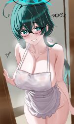 ahoge apron bare_shoulders breasts glasses green_eyes green_hair halo heavy_breathing highres kurogami_fuyuki large_breasts looking_at_viewer naked_apron open_door original ponytail smile steaming_body thighs wet wet_clothes
