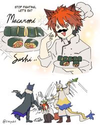 1girl 2boys animal_ears arknights beating black_hair blonde_hair blue_hair chiave_(arknights) english_text fake_facial_hair fake_mustache food grey_hair highres holding holding_plate multicolored_hair multiple_boys open_mouth pasta plate red_hair short_hair shu_(arknights) spring_onion streaked_hair sushi tail vigil_(arknights) wolf_boy wolf_ears wolf_tail yukii