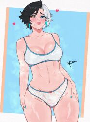 1girl absurdres black_hair black_lips blue_eyes bra breasts heart heterochromia highres looking_at_viewer luna_snow marvel marvel_rivals multicolored_hair panties re_zoart short_hair smile split-color_hair two-tone_hair underwear white_hair