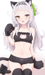 1girl absurdres animal_ears animal_hands arched_bangs arm_support black_bow black_bra black_gloves black_hairband black_panties black_tail black_thighhighs blush bow bra breasts brown_eyes cat_cutout cat_ears cat_lingerie cat_paws cat_tail cleavage_cutout clothing_cutout commentary embarrassed english_commentary enru fang flying_sweatdrops frilled_bra frilled_panties frills gloves green_eyes grey_hair hair_bun hair_ornament hairband half_updo hand_up highres hololive loli long_hair multicolored_eyes murasaki_shion navel open_mouth paid_reward_available panties paw_pose single_hair_bun sitting small_breasts solo sweatdrop tail tail_bow tail_ornament thighhighs triangle_hair_ornament underwear underwear_only virtual_youtuber white_background