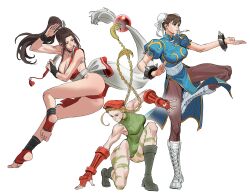 3girls absurdres ass bare_legs bare_shoulders beret black_boots blonde_hair blue_dress blue_eyes boots bracelet braid breasts brown_hair brown_pantyhose bun_cover cammy_white camouflage capcom china_dress chinese_clothes chun-li closed_mouth collarbone crossover double_bun dress earrings facial_scar fatal_fury fighting_stance fingerless_gloves floating_hair foot_up full_body gloves green_leotard hair_bun hair_ornament hand_fan hat heattech_leotard high_ponytail highleg highleg_leotard highres hip_attack holding holding_fan jewelry lace-up_boots large_breasts leotard long_hair medium_breasts motoyui multiple_girls muscular muscular_female on_one_knee pantyhose parted_bangs parted_lips pearl_earrings pelvic_curtain ponytail puffy_short_sleeves puffy_sleeves red_dress red_gloves red_hat revealing_clothes rope sash scar scar_on_cheek scar_on_face shiranui_mai short_sleeves sleeveless soles spiked_bracelet spikes standing standing_on_one_leg street_fighter street_fighter_ii_(series) the_king_of_fighters thighs toeless_legwear toes turtleneck twin_braids twintails white_background white_boots white_sash yiguanli123