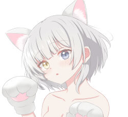 1girl absurdres animal_ear_fluff animal_ears animal_hands bang_dream! bang_dream!_it&#039;s_mygo!!!!! blue_eyes blush breasts cat_ears cat_girl cleavage collarbone gloves heterochromia highres kaname_raana kemonomimi_mode liya_(yosoro2016) looking_at_viewer medium_breasts nude open_mouth paw_gloves raana_the_cat short_hair simple_background solo upper_body white_background white_hair yellow_eyes
