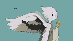 1other ambiguous_gender beak bird bird_wings black_eyes blue_background brown_shirt feathers from_side furry highres original shirt simple_background solo spread_wings tk92tk92 upper_body white_feathers wings