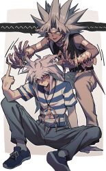 2boys anger_vein dark-skinned_male dark_skin earrings highres jewelry long_hair male_focus middle_finger millennium_ring millennium_rod multiple_boys on_ground playing_with_another&#039;s_hair purple_eyes shirt smile striped_clothes striped_shirt xiao_(creation0528) yami_bakura yami_marik yu-gi-oh! yu-gi-oh!_duel_monsters