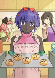 3girls alternate_costume apron bare_shoulders black_hair blush braid circe_(fate) collarbone colored_skin cookie dark-skinned_female dark_skin fate/grand_order fate_(series) food green_mittens grey_skin hair_ribbon hairband hassan_of_serenity_(fate) highres holding holding_tray looking_at_viewer mittens multiple_girls pink_apron pink_hair pointy_ears pu2_helbuh purple_eyes purple_hair red_hairband red_ribbon ribbon semiramis_(fate) short_hair tray twitter_username very_dark_skin