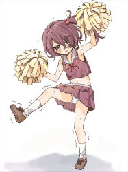 1girl bow bowtie brown_eyes brown_shoes cheerleader clenched_teeth commentary_request fukaku-tei full_body hair_bobbles hair_ornament highres holding holding_pom_poms komari_chika loli looking_at_viewer make_heroine_ga_oo_sugiru! miniskirt navel official_alternate_costume one_side_up panties pantyshot pleated_skirt pom_pom_(cheerleading) pom_poms red_bow red_bowtie red_hair red_shirt red_skirt sailor_collar shirt shoes short_hair simple_background skirt sleeveless sleeveless_shirt socks solo standing standing_on_one_leg stomach teeth twitching underwear white_background white_panties white_sailor_collar white_socks