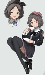 1girl 25447748 absurdres black_dress black_ribbon black_thighhighs blue_ribbon bow breasts clothing_cutout collar cup dot_nose dress drinking ebizuka_tomo flat_cap girls_band_cry grey_hair hair_bow hat highres loafers long_legs long_sleeves multiple_views one_eye_closed open_mouth parted_bangs red_eyes ribbon shoes short_hair shoulder_cutout simple_background small_breasts smile sweatdrop thighhighs v-shaped_eyebrows white_background white_collar