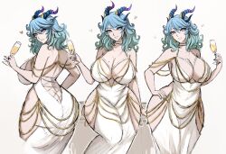 1girl ass bare_back bare_shoulders blue_eyes blue_hair breasts butt_crack champagne_flute choker cleavage cup dress drinking_glass glass gluteal_fold hand_on_own_hip heart highres hip_vent horn large_breasts meme_attire modakawa_dress nail_polish omiza_somi original solo white_dress wide_hips
