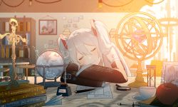 1girl absurdres apple aqua_hair bare_shoulders black_sleeves blouse book bookshelf closed_eyes commentary compass_(instrument) crossed_arms cup detached_sleeves female_focus food fruit globe grey_shirt hair_ornament hatsune_miku highres ink_pen inkwell light_bulb long_hair magnifying_glass nib_pen_(object) paper pen photo_(object) re_eva shirt shoulder_tattoo sitting sleeping sleeveless sleeveless_shirt smile solo tattoo twintails very_long_hair vocaloid weighing_scale