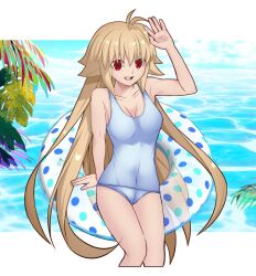 1girl antenna_hair arcueid_brunestud bare_shoulders blonde_hair breasts cowboy_shot eco-arc highres hirakawa long_hair one-piece_swimsuit open_mouth red_eyes small_breasts smile solo swim_ring swimsuit teeth tsukihime tsukihime_(remake) upper_teeth_only very_long_hair white_one-piece_swimsuit