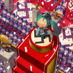 Rule 34 | 6+girls, armband, army, chibi, clone, combat helmet, confetti, hachune miku, hail, hat, hatsune miku, helmet, highres, honzawa yuuichirou, multiple girls, multiple persona, nazi, necktie, peaked cap, reichsadler, salute, soldier, stahlhelm, straight-arm salute, swastika, twintails, vocaloid, wings