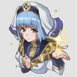 1girl blue_hair blunt_bangs blush closed_mouth commentary cropped_torso dress english_commentary fire_emblem fire_emblem_echoes:_shadows_of_valentia floating_hair green_eyes grey_background highres long_sleeves magic nintendo pink_lips short_hair silque_(fire_emblem) simple_background smile solo veil white_dress zedoraart