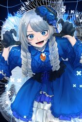 1girl black_gloves blue_eyes dress drill_hair drill_sidelocks frilled_hat frills gloves hat highres kamen_rider kamen_rider_gavv_(series) liselle_jaldak lolita_fashion long_hair long_sleeves looking_at_viewer mini_hat mittada_numa4 multicolored_dress open_mouth orange_brooch sidelocks solo