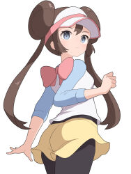 Rule 34 | 1girl, ass, black pantyhose, blue eyes, blue shirt, breasts, brown hair, closed mouth, donut hair bun, double bun, from behind, hair bun, hiyoshipow, long sleeves, looking at viewer, nintendo, pantyhose, pantyhose under shorts, pokemon, pokemon bw2, raglan sleeves, rosa (pokemon), shirt, shorts, simple background, small breasts, solo, twintails, visor cap, white background, white shirt, yellow shorts