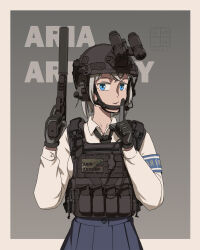 1girl aiming_up ammunition_pouch armband blonde_hair blue_eyes blue_skirt border breasts brown_background bulletproof_vest collared_shirt combat_helmet cowboy_shot crossed_bangs dated etmc1992 fast_helmet finger_on_trigger finger_to_mouth gloves grey_gloves grey_helmet gun handgun headset helmet highres holding holding_gun holding_weapon index_finger_raised load_bearing_vest long_sleeves looking_at_viewer magazine_(weapon) medium_breasts medium_hair necktie night_vision_device original pleated_skirt pouch red_necktie school_uniform shirt shushing sig_p220/p226 signature simple_background skirt smile smirk solo suppressor tactical_clothes tactical_school_uniform unit_patch weapon white_border white_shirt zipper