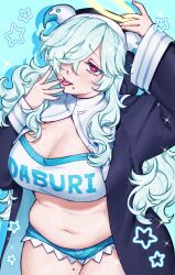 Rule 34 | 1girl, arm up, belly, black dress, blue background, blue hair, blue shorts, breasts, cleavage, commentary, cowboy shot, doubliel, dress, english commentary, fingernails, hair between eyes, hair over one eye, halo, highres, horns, large breasts, long bangs, long hair, long sleeves, looking at viewer, mahjong fight girl, midriff, mole, mole on thigh, navel, open clothes, open dress, open mouth, pink hair, plump, short shorts, shorts, smile, solo, sports bra, teteomom, tongue, tongue out, traditional halo, white horns, white sports bra, yellow halo