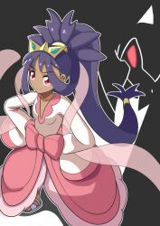 1girl ahoge big_hair child collarbone dark-skinned_female dark_skin dress feet female_focus flat_chest from_above full_body gen_5_pokemon hands_on_own_hips happy haxorus highres iris_(pokemon) light_blush long_dress long_hair long_sleeves looking_at_viewer looking_up low-tied_long_hair neck nintendo official_alternate_costume official_alternate_hairstyle open_clothes open_skirt pink_dress pokemon pokemon_bw2 pokemon_champion ponytail purple_hair red_eyes sandals sidelocks_tied_back skirt sleeves_past_wrists smile sou_(dai_4n_you) standing tiara toenails toes v-neck very_long_hair white_sandals wide_sleeves