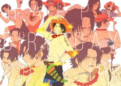 Rule 34 | 1boy, ^ ^, arm tattoo, black shorts, closed eyes, commentary request, crossed arms, eating, elbow pads, fire, hand on own hat, hand on own hip, happy birthday, hat, highres, male focus, multiple views, nrrn03, one piece, orange hat, orange tank top, portgas d. ace, short hair, shorts, single elbow pad, smile, tank top, tattoo, topless male