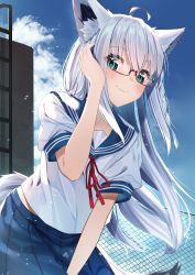 1girl absurdres ahoge animal_ear_fluff animal_ears between_legs blue_eyes blue_sailor_collar blue_skirt blue_sky blush borumete chain-link_fence closed_mouth cloud day ear_piercing fence floating_hair fox_ears fox_tail glasses hand_between_legs highres hololive long_hair midriff_peek neck_ribbon outdoors piercing pleated_skirt rectangular_eyewear red-framed_eyewear red_ribbon ribbon sailor_collar school_uniform semi-rimless_eyewear serafuku shirakami_fubuki shirt skirt sky smile solo tail virtual_youtuber white_hair white_shirt wind