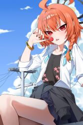 1girl ahoge bare_legs black_halo black_jacket black_nails black_shirt black_skirt blue_archive blue_sky blurry blurry_background braid candy clothes_around_waist cloud cloudy_sky collarbone commentary day flat_chest floral_print food hair_between_eyes hair_ornament halo high-waist_skirt highres holding holding_candy holding_food holding_lollipop huge_ahoge jacket jacket_around_waist lollipop long_hair neru_(blue_archive) neru_(school_uniform)_(blue_archive) noa_(noa01010) open_clothes open_shirt orange_hair outdoors pleated_skirt red_eyes shirt shirt_tucked_in shirt_under_shirt sidelocks single_braid skirt sky slit_pupils solo tongue tongue_out tsurime utility_pole v-shaped_eyebrows white_shirt