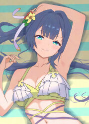 1girl absurdres aqua_eyes arm_up armpits bare_arms bare_shoulders bellona_(epic_seven) bikini blue_hair breasts cleavage closed_mouth collarbone commentary_request epic_seven frilled_bikini frills hand_up highres konjou long_hair looking_at_viewer navel official_alternate_costume ponytail seaside_bellona_(epic_seven) small_breasts smile solo swimsuit upper_body yellow_bikini