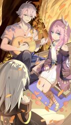 1boy 2girls ahoge banjo bare_shoulders black_coat black_pants blue_eyes breasts chinese_commentary coat commentary_request cyrene_(honkai:_star_rail) dress grey_hair grey_shirt hair_ornament highres honkai:_star_rail honkai_(series) huajixiaolin instrument jewelry medium_hair multicolored_hair multiple_girls music necklace on_swing outdoors pants phainon_(honkai:_star_rail) playing_instrument purple_coat shirt short_hair small_breasts stelle_(honkai:_star_rail) swing trailblazer_(honkai:_star_rail) tree two-tone_hair white_dress white_hair