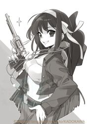 1girl belt breasts buttons cowboy_hat cowboy_western cropped_jacket greyscale grin gun hand_on_own_hip handgun hat hat_on_back holding holding_gun holding_weapon ito_noizi jacket long_sleeves medium_hair monochrome official_art open_clothes open_jacket revolver second-party_source shirt smile solo sparkle suzumiya_haruhi suzumiya_haruhi_no_yuuutsu watermark weapon
