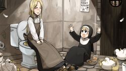 3girls :d apron baby_animal bendy_straw bird black_shoes blonde_hair blue_eyes brown_apron brown_eyes brown_hair brown_shoes chicken chocolate_chip_cookie clumsy_nun_(diva) commentary cookie cup diva_(hyxpk) drinking_straw duck duckling embarrassed english_commentary feathers food froggy_nun_(diva) highres little_nuns_(diva) long_hair motion_blur multiple_girls note nun on_floor on_toilet open_mouth shirt shoes sitting smile strict_nun&#039;s_mother_(diva) sweat toilet toilet_paper traditional_nun white_shirt wing_flapping