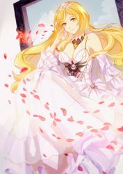 1girl bad_id bad_pixiv_id blonde_hair breasts cleavage detached_sleeves dress female_focus highres long_hair looking_at_viewer medium_breasts petals sdorica solo tiara very_long_hair white_dress yawai_tofu yellow_eyes