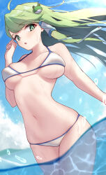 1girl :o absurdres bikini breasts cloud cloudy_sky commentary cowboy_shot floating_hair frog_hair_ornament green_eyes grey_hair hair_ornament hair_tubes hand_up highres in_water kochiya_sanae large_breasts light_blush long_hair looking_to_the_side navel open_mouth saniraku single_hair_tube single_sidelock sky snake_hair_ornament solo splashing stomach sunlight swimsuit touhou water white_bikini