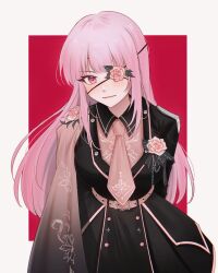 Rule 34 | 1girl, alternate costume, belt, black coat, black skirt, border, boutonniere, cape, closed mouth, coat, epaulettes, eyepatch, flower, flower over eye, gradient cape, happy (yppah1060), highres, hololive, hololive english, light blush, long hair, looking at viewer, mori calliope, necktie, one eye covered, pink belt, pink cape, pink eyes, pink flower, pink hair, pink necktie, pink trim, red background, side cape, skirt, solo, straight-on, upper body, virtual youtuber, white border, wispy bangs