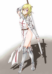 1girl absurdres armor ass belt blonde_hair boots breasts closed_mouth contrapposto crossed_legs eyelashes female_focus female_knight greaves hair_ornament hairclip hand_on_blade highres holding holding_behind_back holding_sword holding_sword_behind_back holding_weapon holding_weapon_behind_back knight looking_at_viewer nail_polish naked_tabard no_panties original pauldrons purple_eyes red_nails shadow shoulder_armor sideboob solo standing sword tabard templar thighs vambraces watson_cross weapon white_background yu714202850 zweihander