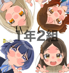 4girls :d :i absurdres against_glass blonde_hair brown_hair circle_formation commentary_request gakuen_idolmaster hanami_ume hataya_misuzu hatsuboshi_gakuen_school_uniform highres idolmaster kuramoto_china looking_at_viewer mole mole_under_mouth multiple_girls open_mouth parted_bangs poi_fell purple_hair school_uniform shinosawa_hiro simple_background smile trait_connection white_background