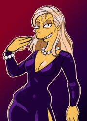 1girl black_dress blonde_hair breasts dress formal_clothes galactabee gavin&#039;s_mom grin hair_down half-closed_eyes highres large_breasts looking_at_viewer matt_groening_(style) mature_female no_bra official_style simple_background smile the_simpsons wide_hips